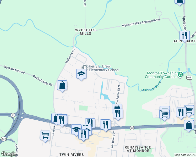 map of restaurants, bars, coffee shops, grocery stores, and more near 455 Fairfield Road in East Windsor