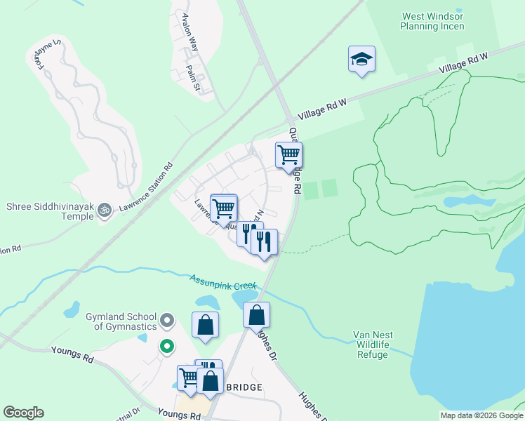 map of restaurants, bars, coffee shops, grocery stores, and more near Lawrence Square Blvd N & Oneill Ct in Lawrence Township