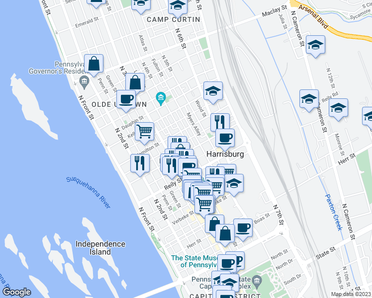 map of restaurants, bars, coffee shops, grocery stores, and more near 344 Harris Street in Harrisburg