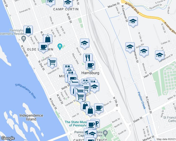 map of restaurants, bars, coffee shops, grocery stores, and more near in Harrisburg