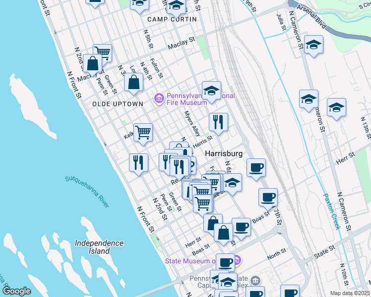 map of restaurants, bars, coffee shops, grocery stores, and more near 348 Harris Street in Harrisburg