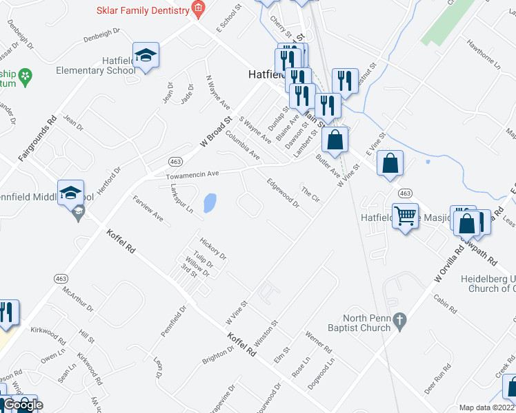 map of restaurants, bars, coffee shops, grocery stores, and more near 326 Wheatfield Circle in Hatfield