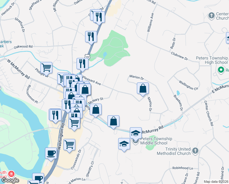 map of restaurants, bars, coffee shops, grocery stores, and more near 230 McNary Street in Canonsburg