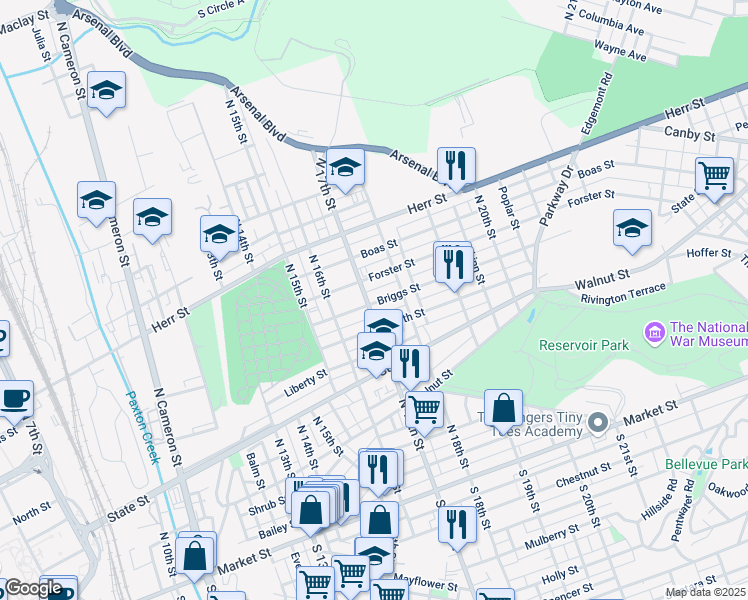 map of restaurants, bars, coffee shops, grocery stores, and more near 801 N 17th St in Harrisburg
