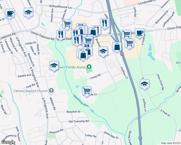 map of restaurants, bars, coffee shops, grocery stores, and more near 3904 Corey Road in Harrisburg