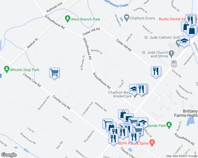 map of restaurants, bars, coffee shops, grocery stores, and more near 353 Boulder Drive in Chalfont