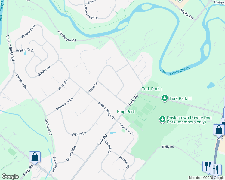 map of restaurants, bars, coffee shops, grocery stores, and more near 53 Pebble Ridge Road in Warrington