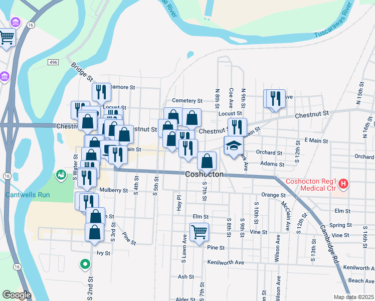 map of restaurants, bars, coffee shops, grocery stores, and more near 618 Main Street in Coshocton