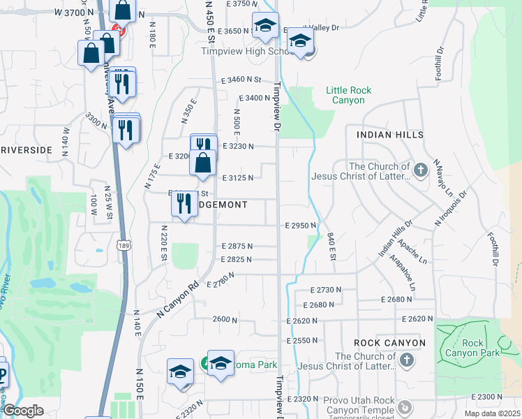 map of restaurants, bars, coffee shops, grocery stores, and more near 3025 North 600 East in Provo