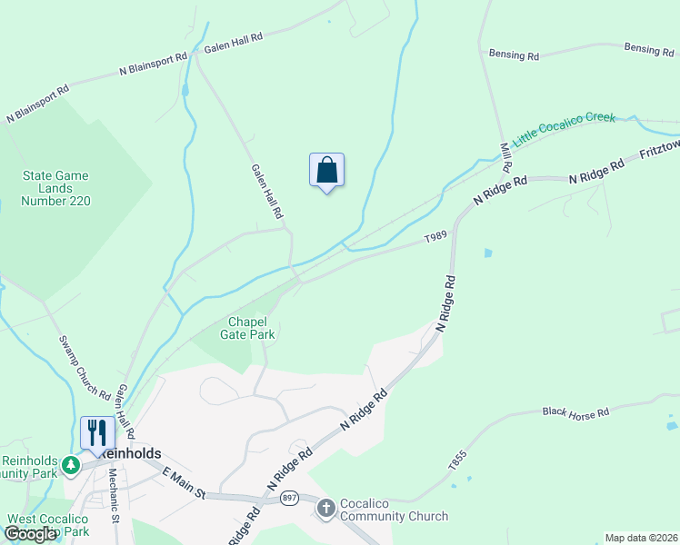 map of restaurants, bars, coffee shops, grocery stores, and more near 130 Resh Road in Reinholds