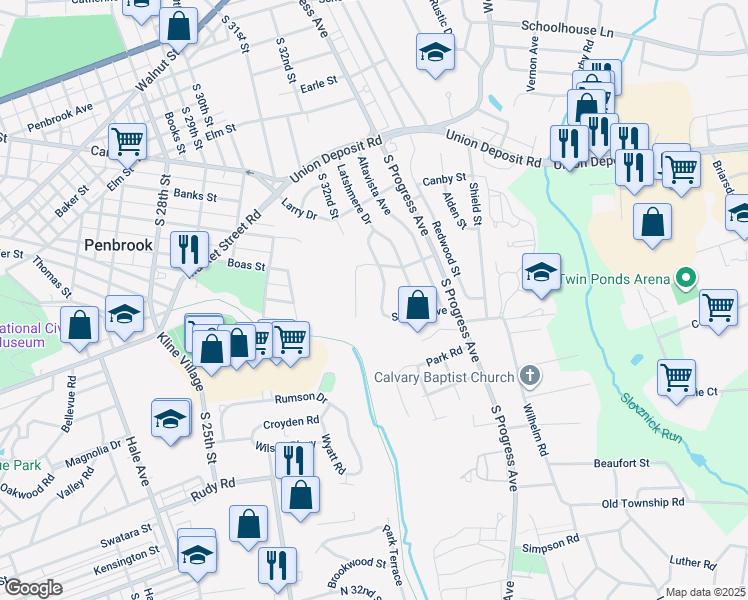 map of restaurants, bars, coffee shops, grocery stores, and more near 617 Sandra Avenue in Harrisburg