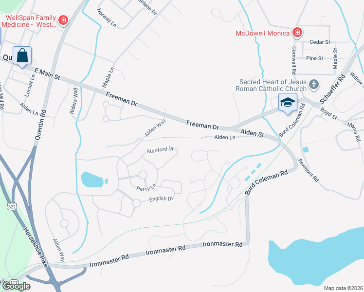 map of restaurants, bars, coffee shops, grocery stores, and more near 1055 Stanford Drive in Lebanon