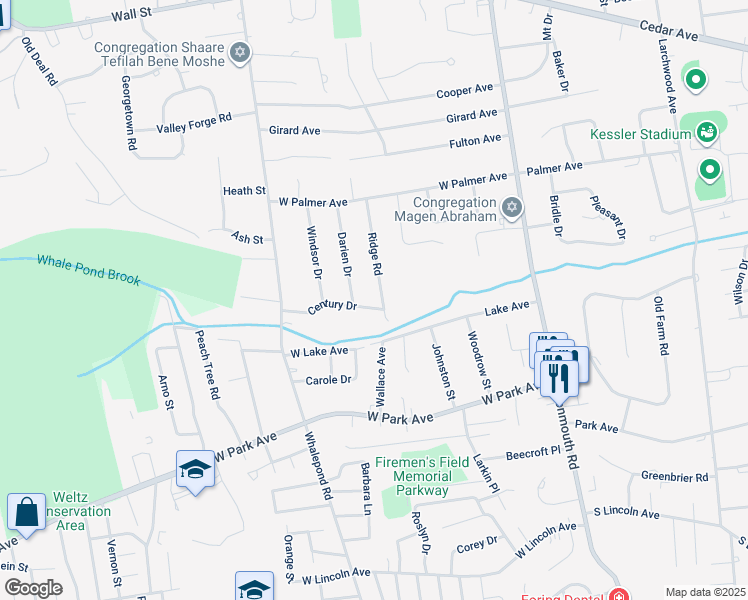 map of restaurants, bars, coffee shops, grocery stores, and more near 1 Ridge Road in West Long Branch