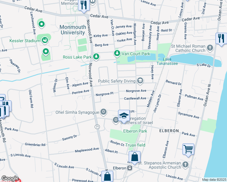 map of restaurants, bars, coffee shops, grocery stores, and more near 275 Norgrove Place in Long Branch