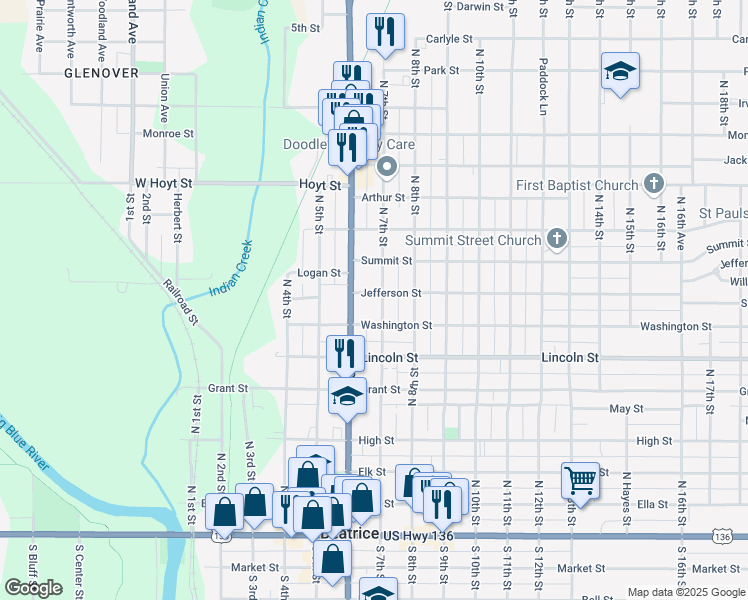 map of restaurants, bars, coffee shops, grocery stores, and more near 723 North 7th Street in Beatrice