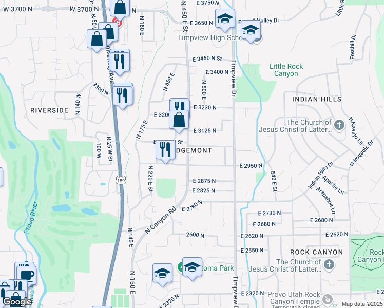 map of restaurants, bars, coffee shops, grocery stores, and more near 3010 North Canyon Road in Provo