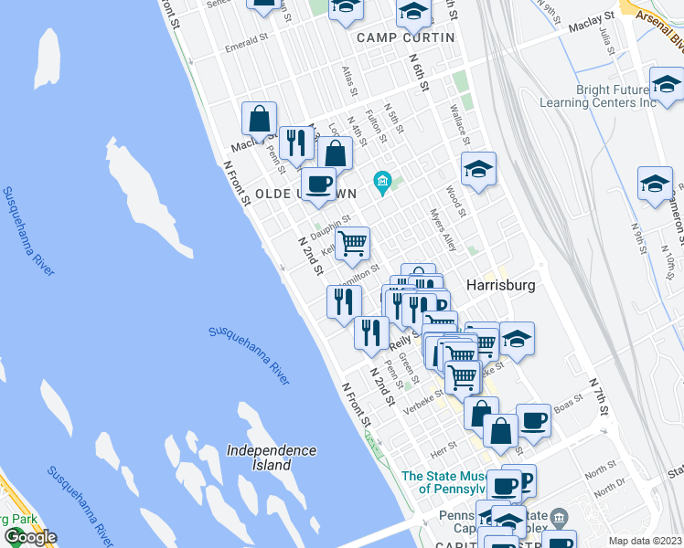 map of restaurants, bars, coffee shops, grocery stores, and more near 1701 Penn Street in Harrisburg