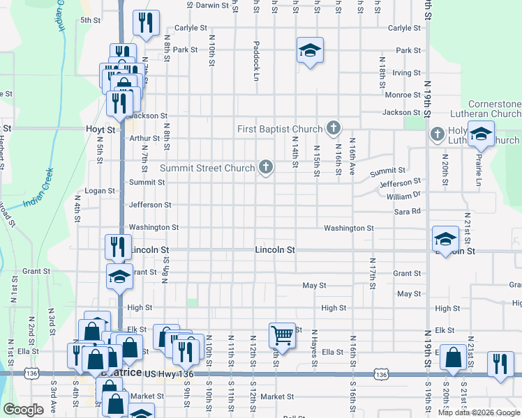 map of restaurants, bars, coffee shops, grocery stores, and more near 722 North 12th Street in Beatrice