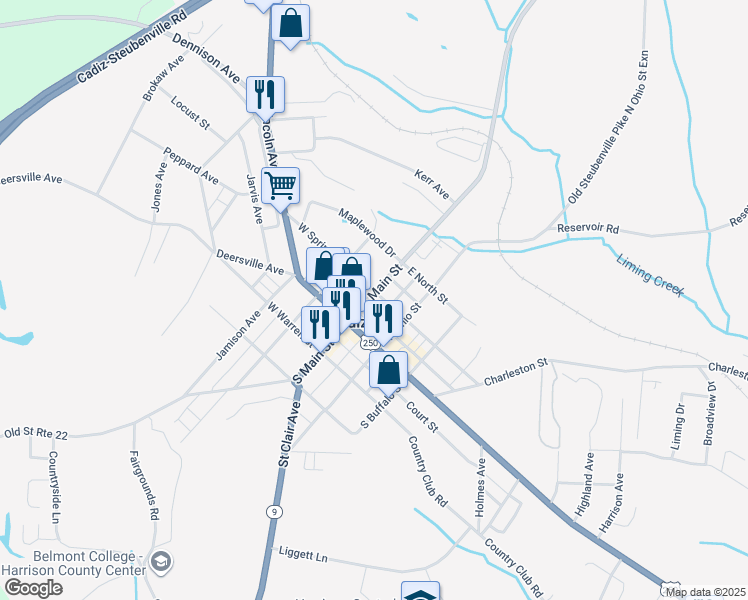 map of restaurants, bars, coffee shops, grocery stores, and more near 160 North Main Street in Cadiz