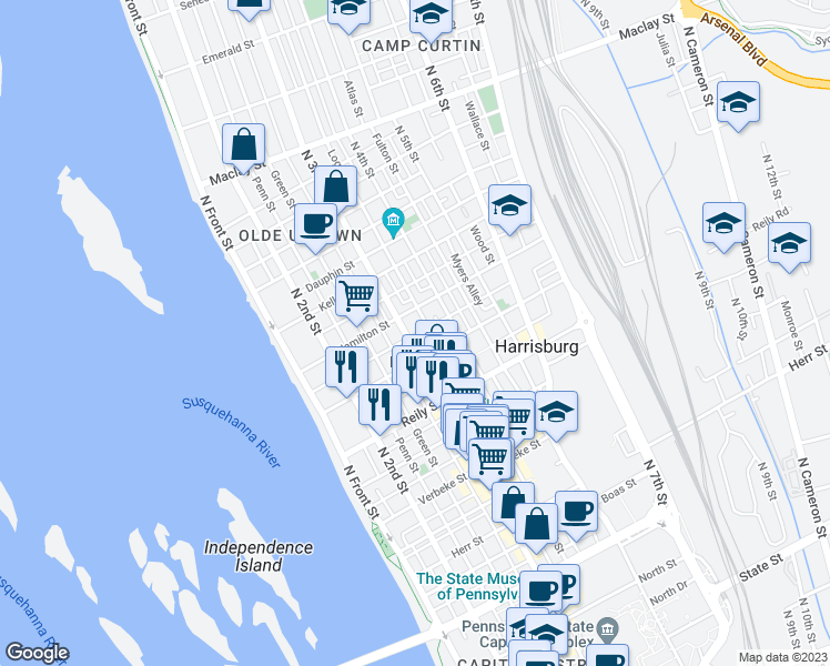 map of restaurants, bars, coffee shops, grocery stores, and more near 1621 North 3rd Street in Harrisburg