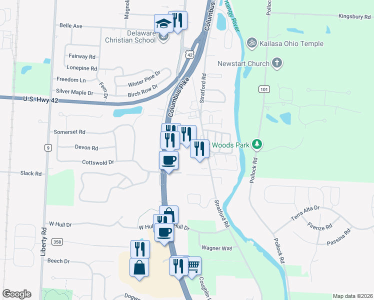 map of restaurants, bars, coffee shops, grocery stores, and more near 1147 Columbus Pike in Delaware