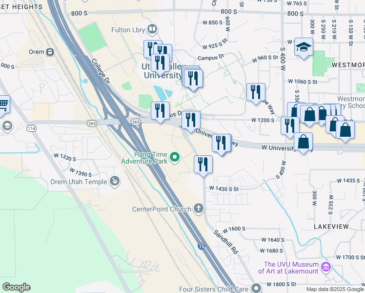 map of restaurants, bars, coffee shops, grocery stores, and more near 1200 Sandhill Road in Orem