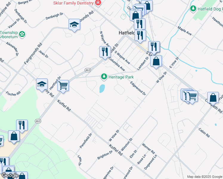 map of restaurants, bars, coffee shops, grocery stores, and more near 377 Wheatfield Circle in Hatfield
