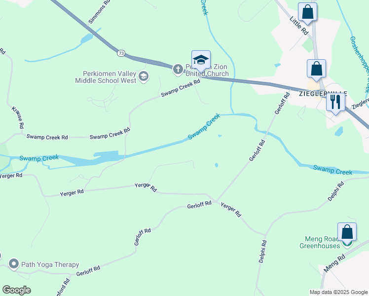 map of restaurants, bars, coffee shops, grocery stores, and more near 108 Creekside Way in Schwenksville