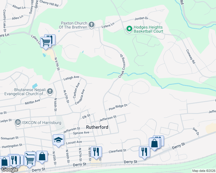 map of restaurants, bars, coffee shops, grocery stores, and more near 7082 Creek Crossing Drive in Harrisburg