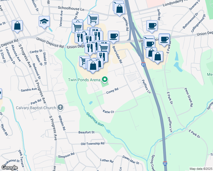 map of restaurants, bars, coffee shops, grocery stores, and more near 3904 Corey Road in Harrisburg