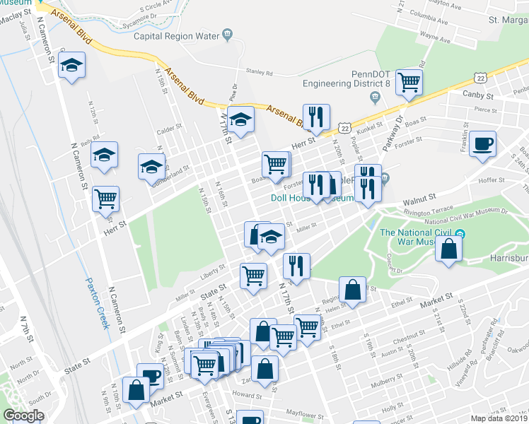 map of restaurants, bars, coffee shops, grocery stores, and more near 801 North 17th Street in Harrisburg