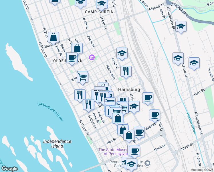map of restaurants, bars, coffee shops, grocery stores, and more near 348 Harris Street in Harrisburg