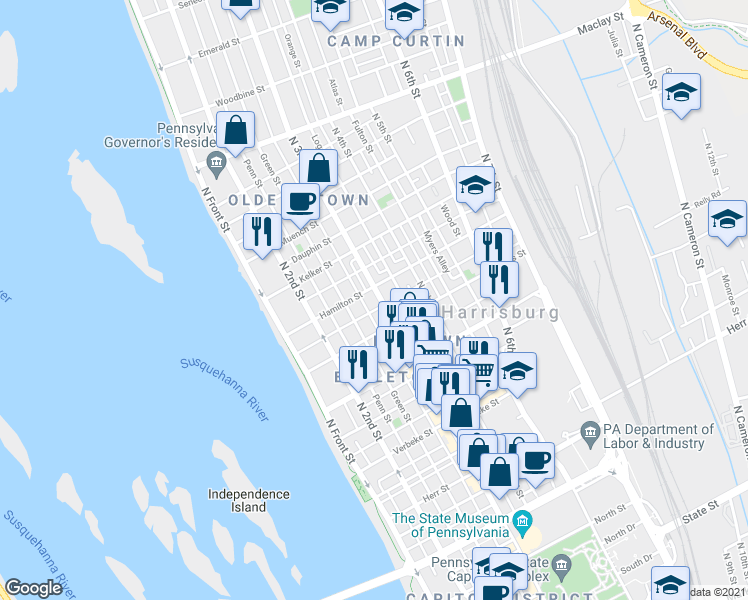 map of restaurants, bars, coffee shops, grocery stores, and more near 1619 North 3rd Street in Harrisburg