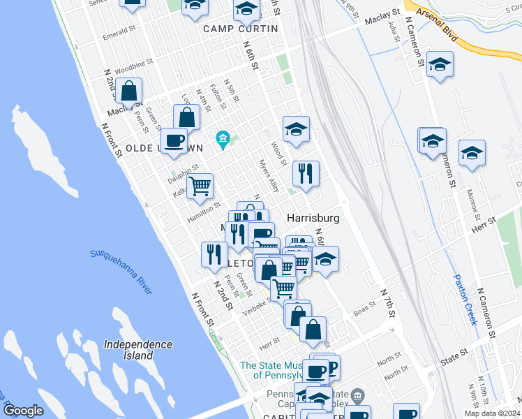 map of restaurants, bars, coffee shops, grocery stores, and more near 352 Harris Street in Harrisburg
