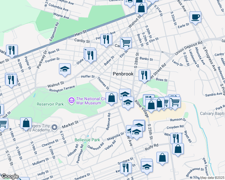 map of restaurants, bars, coffee shops, grocery stores, and more near 2420 Parkway Boulevard in Harrisburg