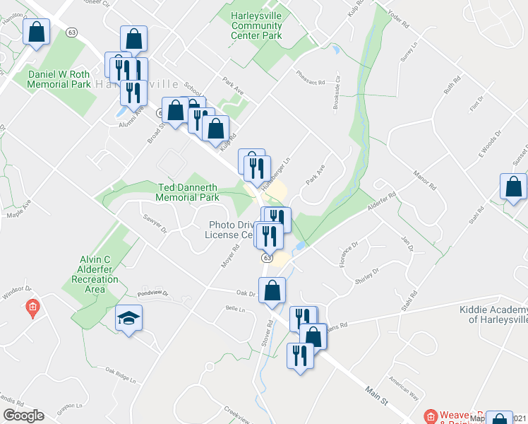 map of restaurants, bars, coffee shops, grocery stores, and more near 300 Moyer Road in Harleysville