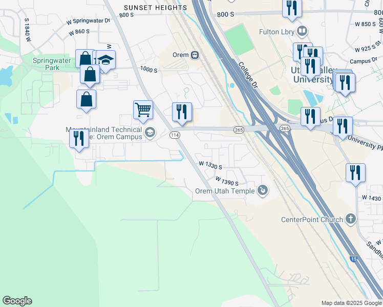 map of restaurants, bars, coffee shops, grocery stores, and more near 1302 South 1260 West Street in Orem