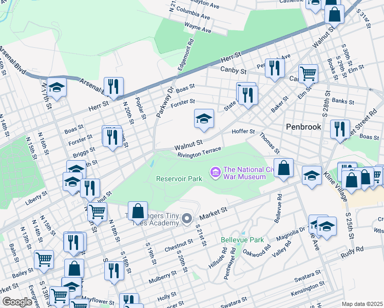 map of restaurants, bars, coffee shops, grocery stores, and more near 2111 Rivington Terrace in Harrisburg