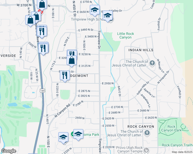 map of restaurants, bars, coffee shops, grocery stores, and more near 3020 North 600 East in Provo