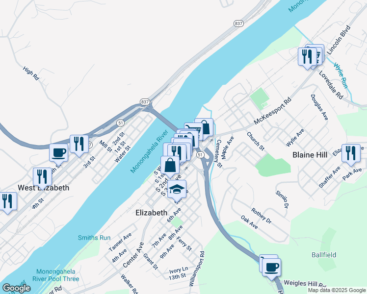 map of restaurants, bars, coffee shops, grocery stores, and more near 114 N Water St in Elizabeth