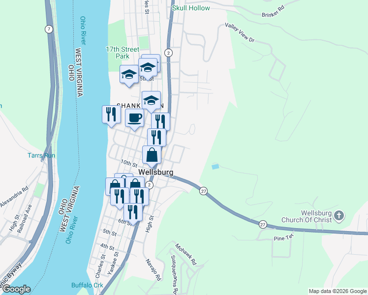 map of restaurants, bars, coffee shops, grocery stores, and more near 1142 Duval Heights in Wellsburg