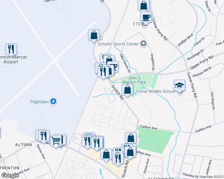 map of restaurants, bars, coffee shops, grocery stores, and more near 121 Kyle Way in Ewing Township