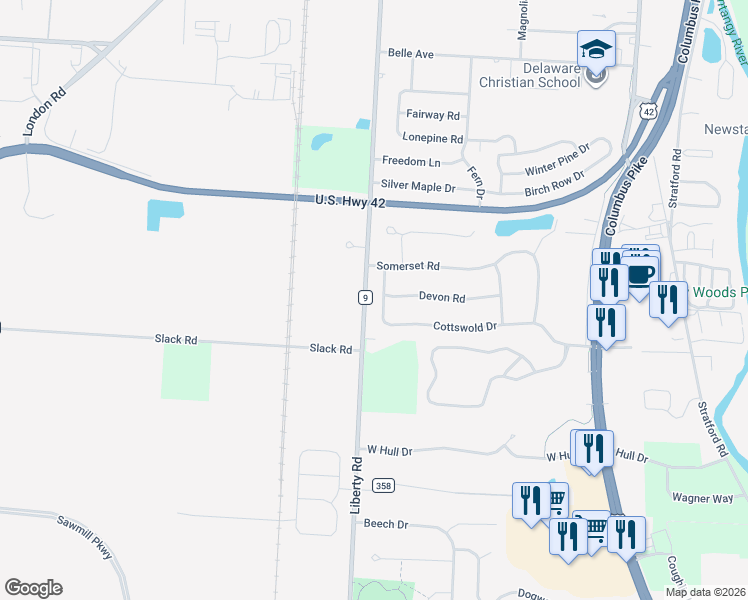 map of restaurants, bars, coffee shops, grocery stores, and more near 285 Cottswold Drive in Delaware