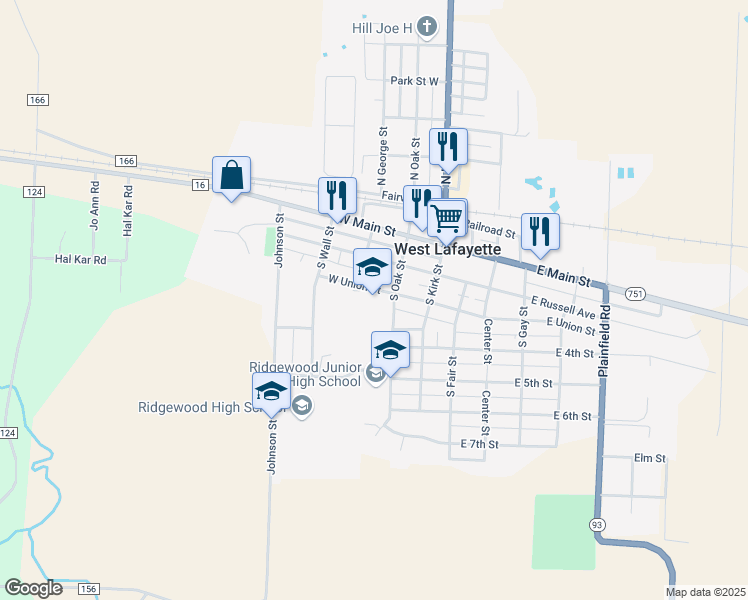 map of restaurants, bars, coffee shops, grocery stores, and more near 225 West Union Street in West Lafayette