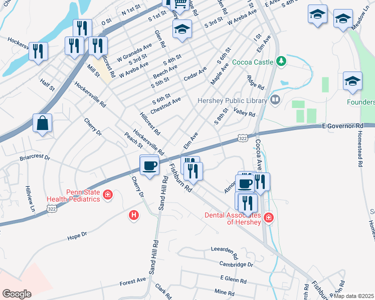 map of restaurants, bars, coffee shops, grocery stores, and more near 500 Elm Avenue in Hershey