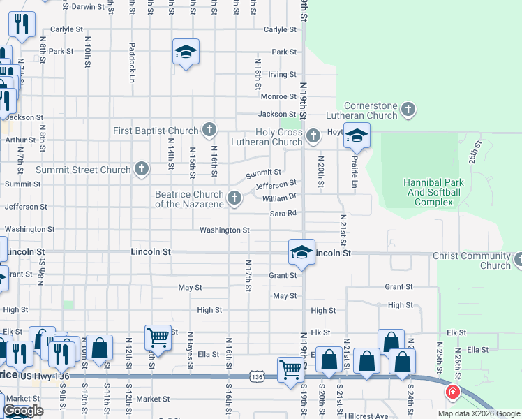 map of restaurants, bars, coffee shops, grocery stores, and more near 1712 Sara Road in Beatrice