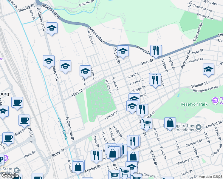 map of restaurants, bars, coffee shops, grocery stores, and more near 901 North 15th Street in Harrisburg