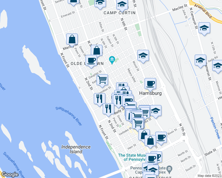 map of restaurants, bars, coffee shops, grocery stores, and more near 279 Hamilton Street in Harrisburg