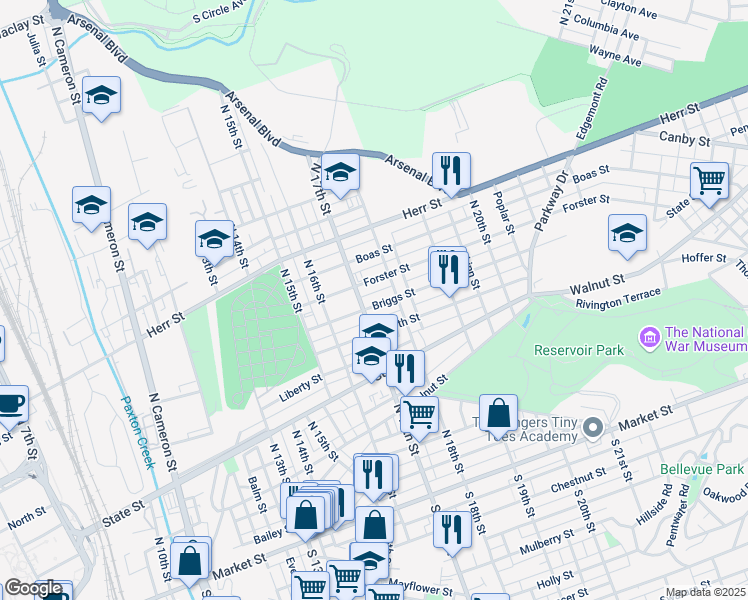 map of restaurants, bars, coffee shops, grocery stores, and more near 801 North 17th Street in Harrisburg