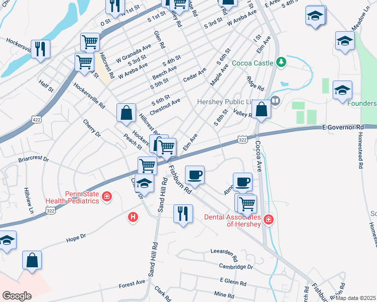 map of restaurants, bars, coffee shops, grocery stores, and more near 500 Elm Avenue in Hershey